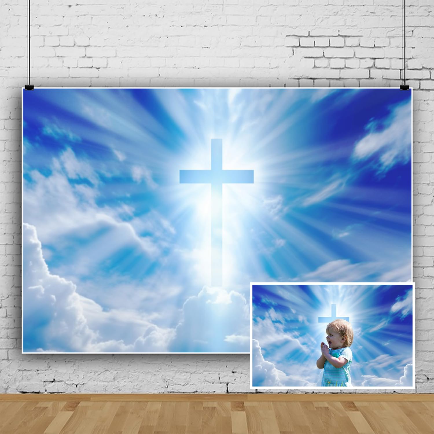 3.6x3m Fond de scène Croix chrétienne Crucifix Saint Rayon Bleu Ciel Blanc Nuages Ciel Fond de scène Photo Jésus Pâques Église chrétienne Événements Fête Décoratif Accessoires