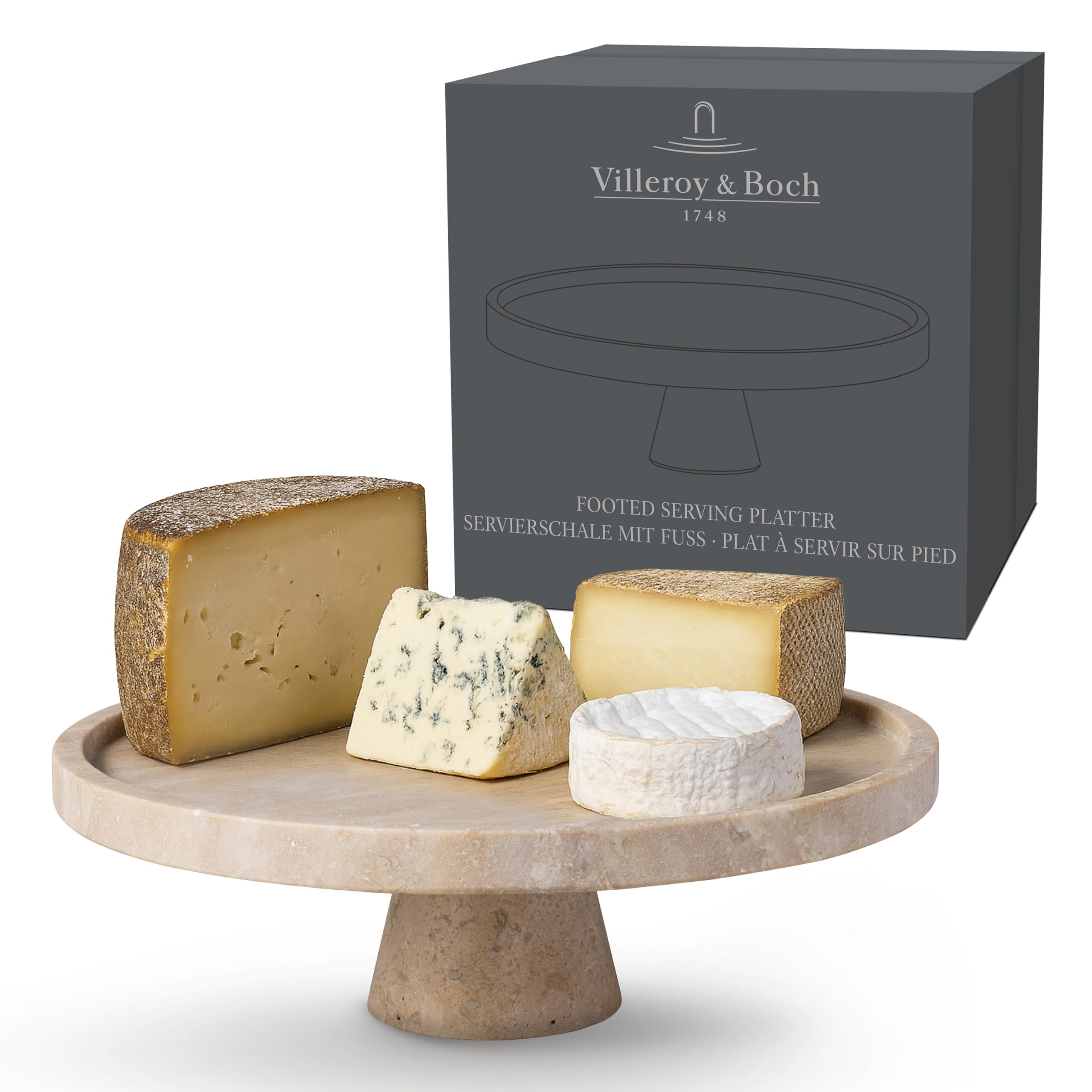 Villeroy & Boch – Manufacture Travertine półmisek do serwowania na nóżce beż, ręcznie wykonany, naturalny kamień w odcieniach piasku, miska, dekoracja stołu kamień, dekoracja, naczynia, trawertyn
