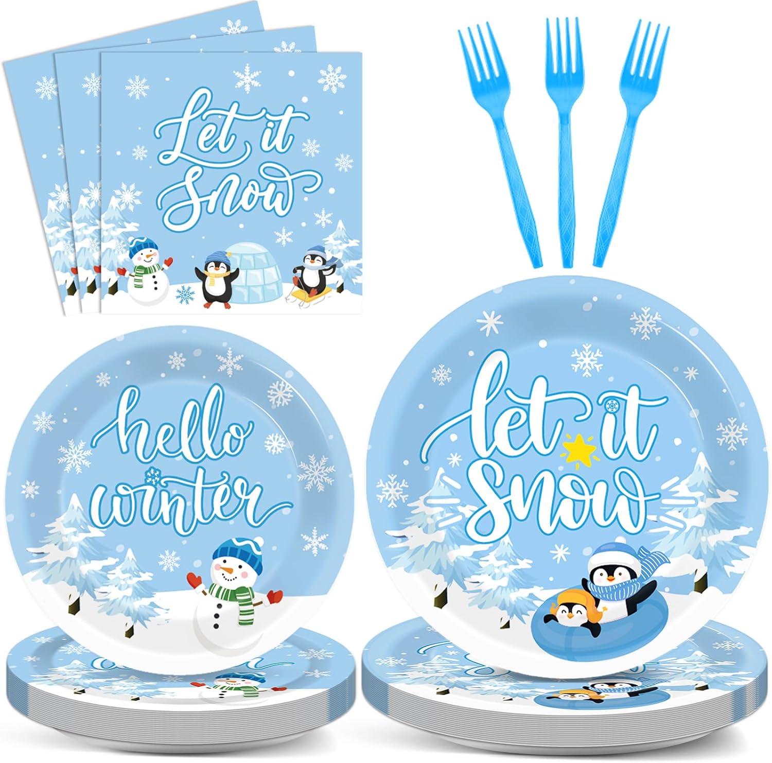 96PCS Hello Winter Party Supplies Winter Snowflake Party Tableware Set Christmas Disposable Dinnerware Plates Napkins Forks with Snowman Penguin for Winter Christmas Birthday Party Favors