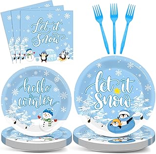 96PCS Hello Winter Party Supplies Winter Snowflake Party Tableware Set Christmas Disposable Dinnerware Plates Napkins Forks with Snowman Penguin for Winter Christmas Birthday Party Favors