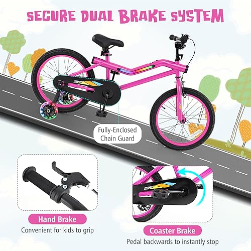 Miniatura 4 de BABY JOY Bicicleta iluminada para niños, bicicleta para niños de 16 y 18 pulgadas con marco iluminado LED de 7 modos, faro, ruedas de entrenamiento