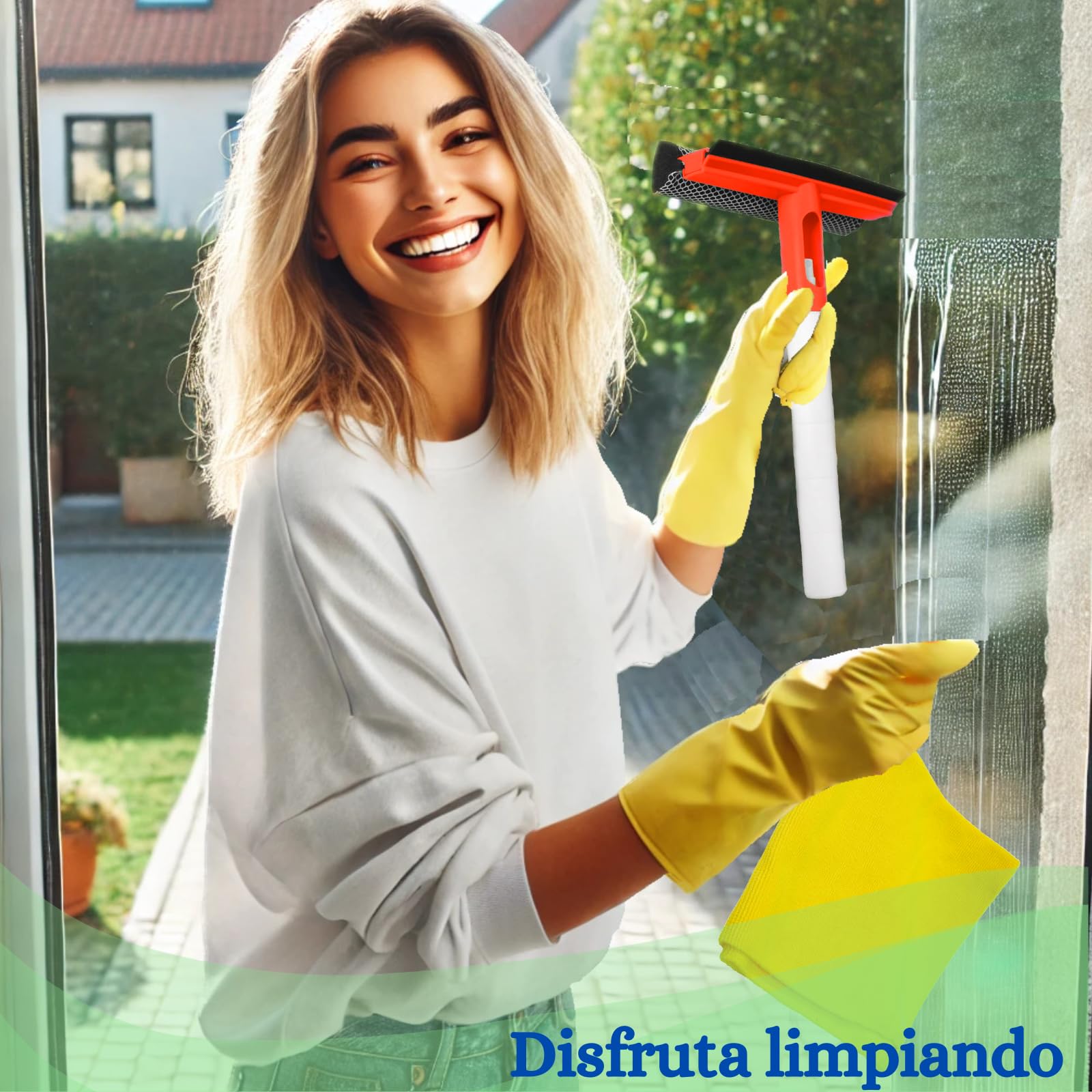 Limpia Cristales 3en1 rasqueta de Goma+Esponja limpiadora +depósito para Rellenar con líquido Limpiador. Limpiacristales Multiusos para el hogar, Coche u Oficina. (Naranja)