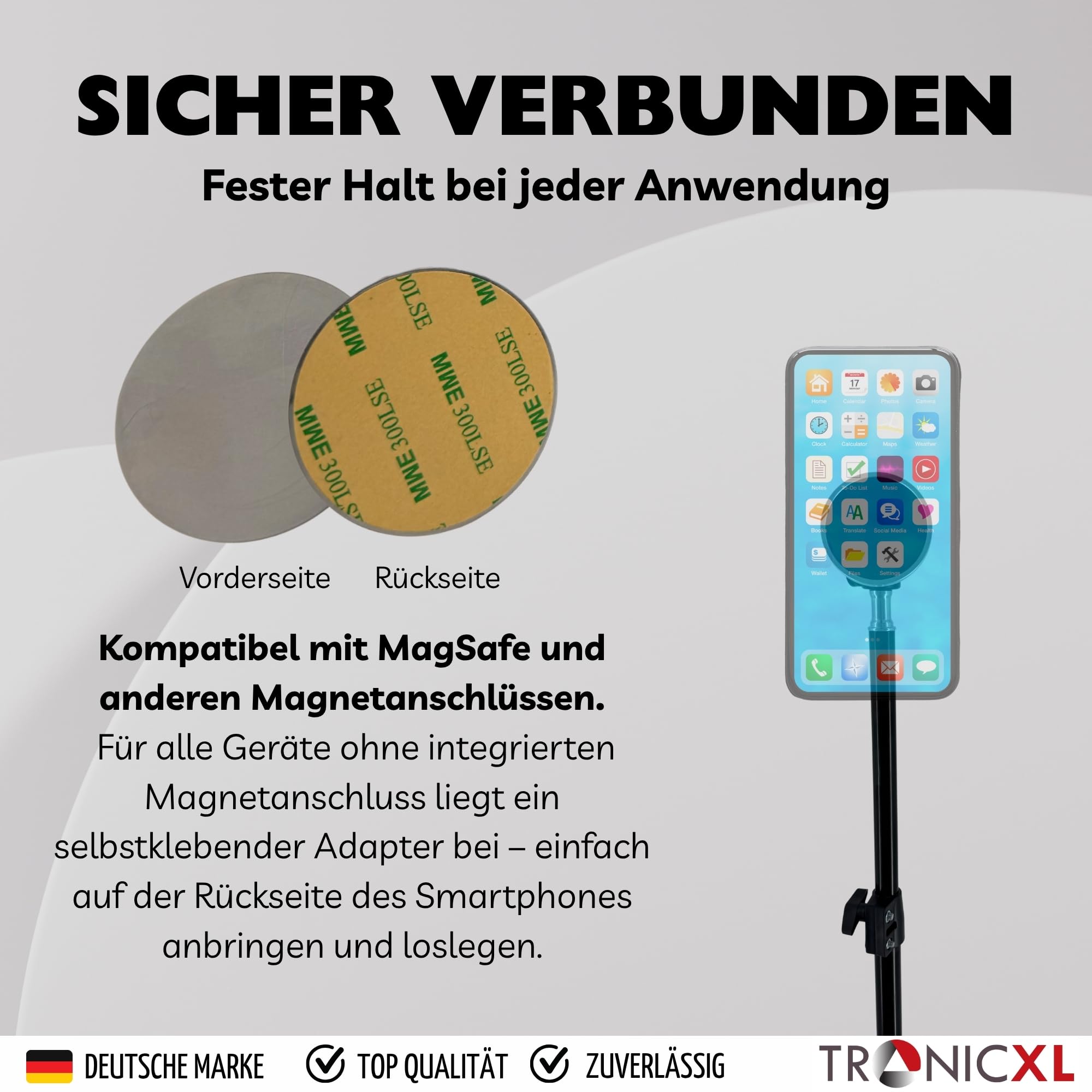 TronicXL Handy Klemmhalterung mit Magnet kompatibel mit Apple Magsafe iPhone Xiaomi Samsung Google Smartphone Klemmstativ höhenverstellbar Tischklemme Klemme Tisch Tischhalterung