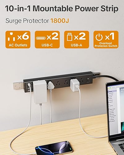 Miniatura 2 de Regleta protectora de sobretensiones, regleta de alimentación montable con 6 tomas espaciadas amplias, 2 USB-C 2 USB-A, enchufe plano, cable de