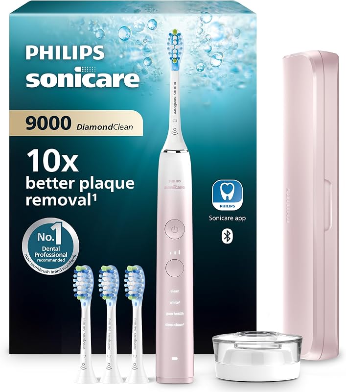 Philips Sonicare DiamondClean 9000 spazzolino elettrico sonico con app, sensore di pressione, 4 modalità di spazzolamento, 3 livelli di intensità, supporto di ricarica, rosa, modello HX9911/79
