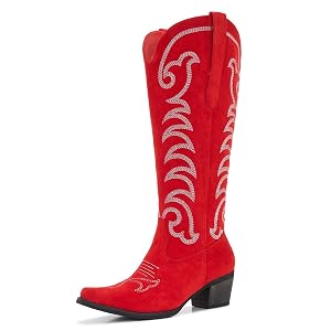 Womens Plus Size Wide Calf Suede Cowgirl Boots Western Knee High Cowboy Boots with Embroidered Stitching Pull On