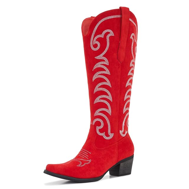 Womens Plus Size Wide Calf Suede Cowgirl Boots Western Knee High Cowboy Boots with Embroidered Stitching Pull On