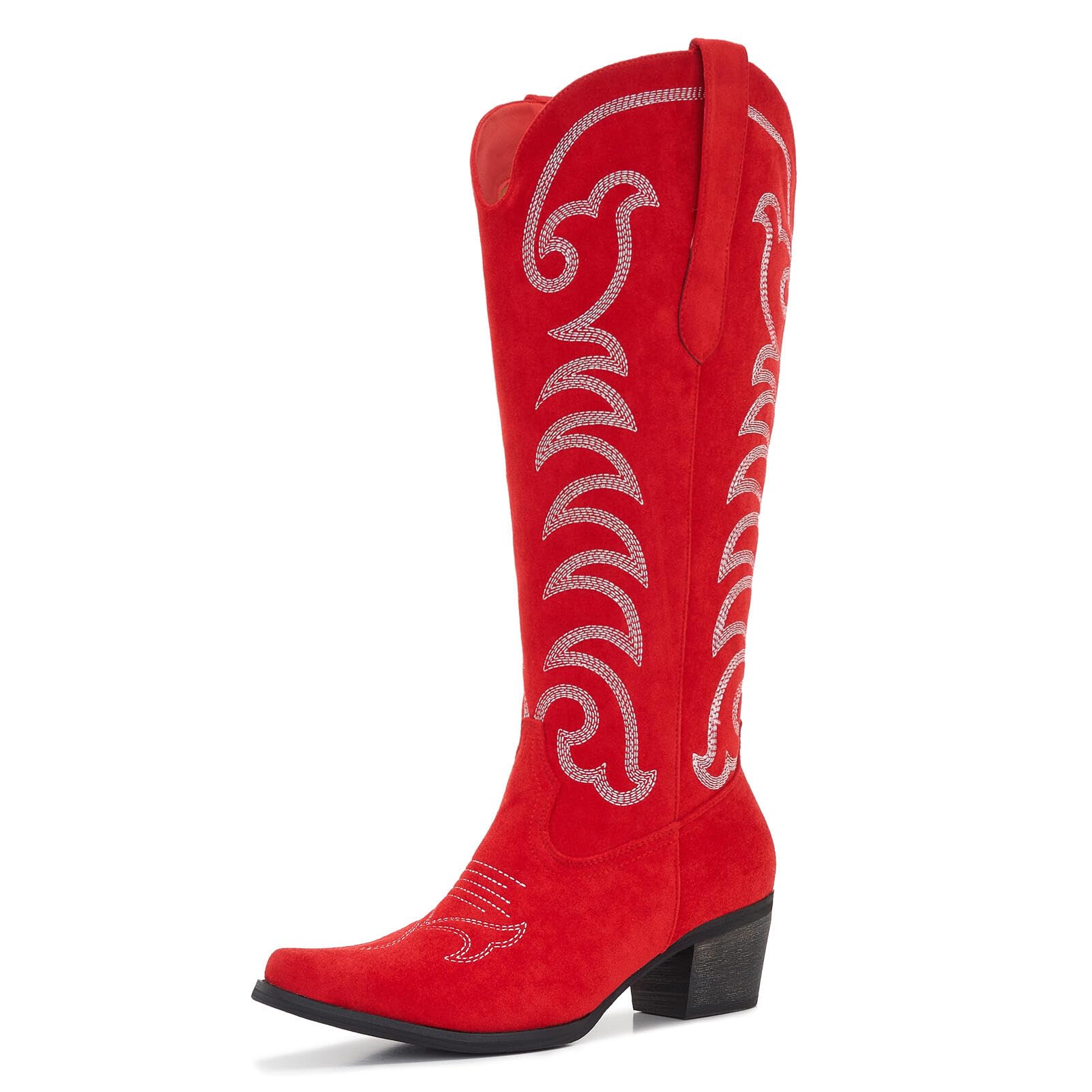 Womens Plus Size Wide Calf Suede Cowgirl Boots Western Knee High Cowboy Boots with Embroidered Stitching Pull On