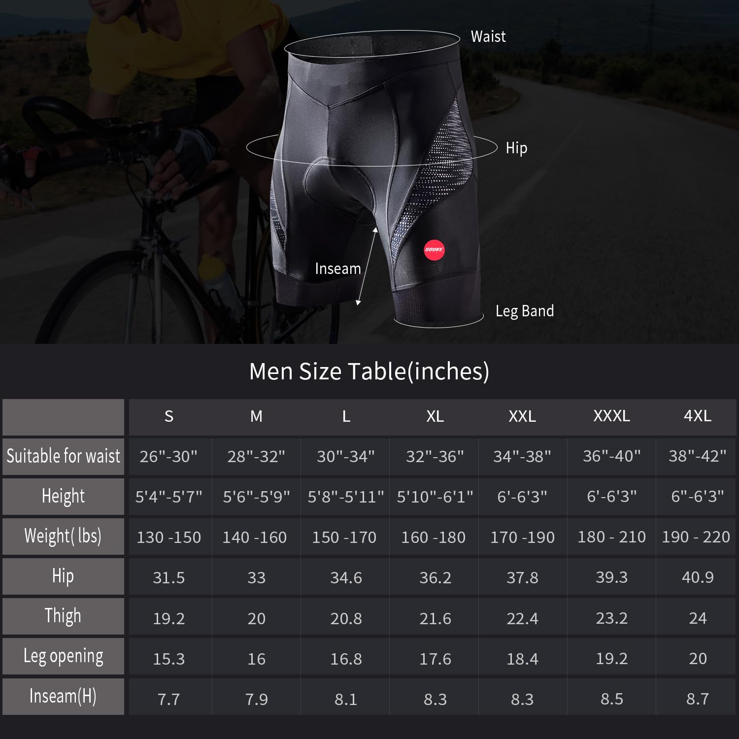 Souke Sports Pantaloncini Ciclismo Uomo,Pantaloncini da Bicicletta Imbottiti 4D,Calzoncini Ciclista,Pantaloncino Spinning,Pantaloncini Fondello MTB,Traspiranti,Asciugatura Rapida