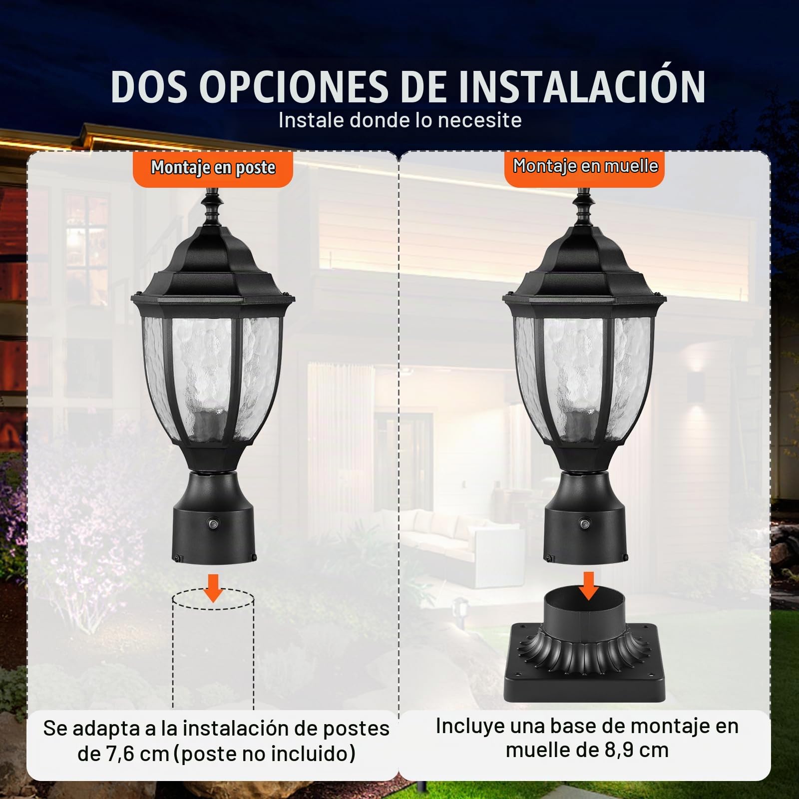 VEVOR 2 PCS Farolas Exteriores de Anochecer al Amanecer, 390 mm, Resistentes al Agua con Base de Montaje en Pilar de 9 cm, Pantalla de Vidrio Farola Exterior a Prueba de Rayos para Patio, Jardín