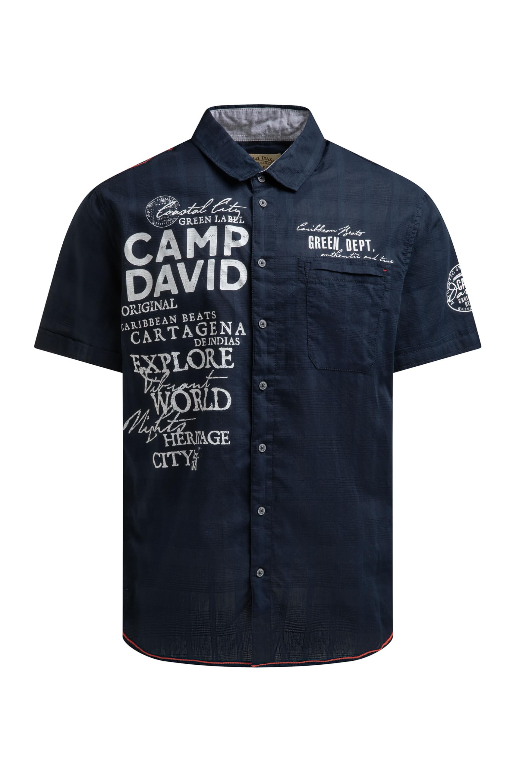 Camp David Herren Kurzarmhemd 100% Baumwolle Regular Fit Webstruktur mit Logo Prints Sommer Freizeithemd