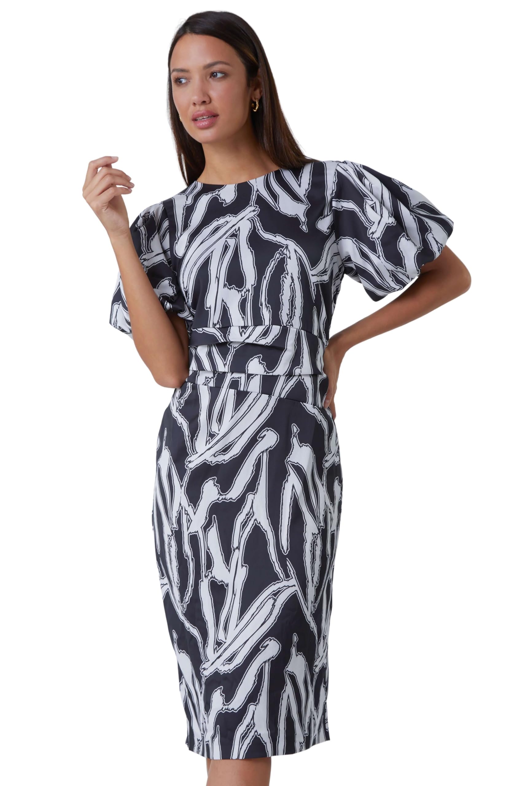 Roman Abstract Print Ruched Stretch Dress for Women UK Ladies Autumn Everyday Winter Holiday Round Neckline Comfy Short Sleeve Soft Pleat Detail Frock Dinner Date - Black - Size 12