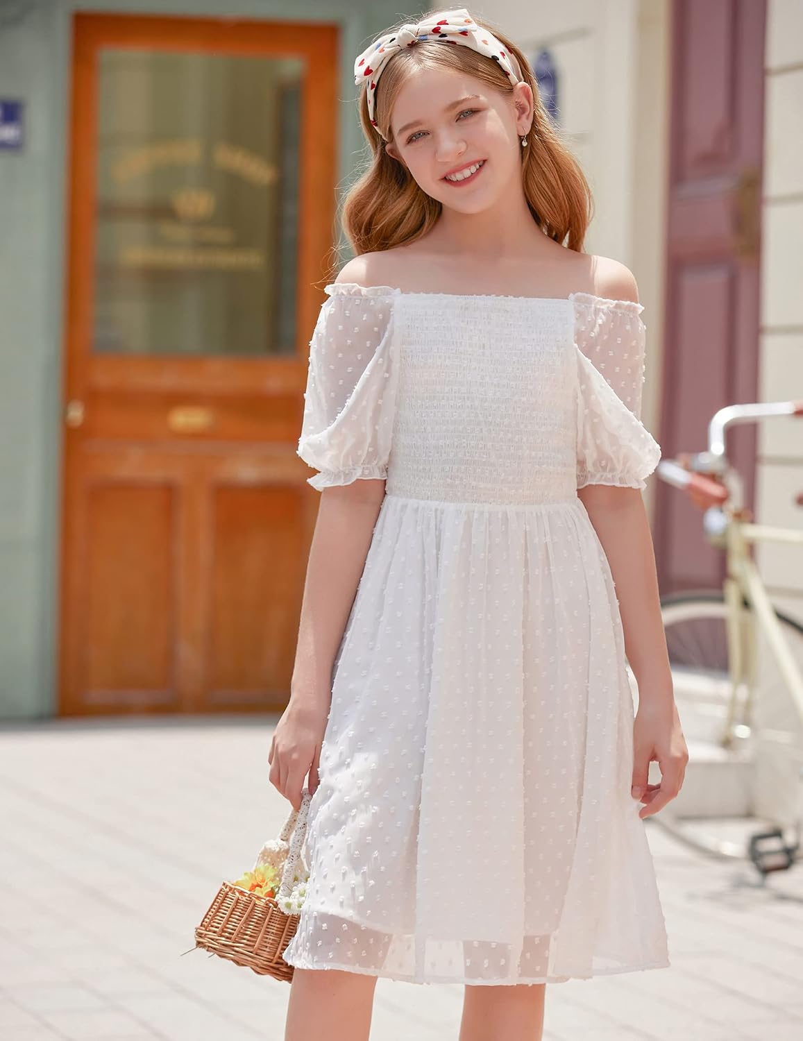 Arshiner Girls Swiss Dot Chiffon Dress Puffy Sleeve Square Neck Smocked Flowy Midi Dresses 5-14 Years