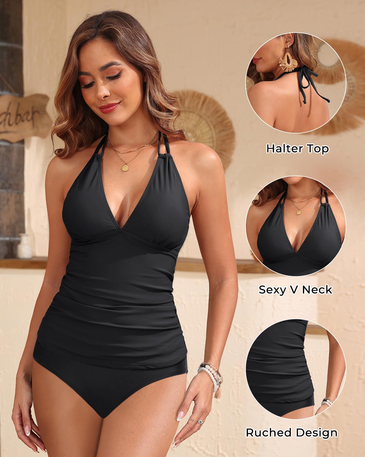 Yonique Womens Two Piece Swimsuits Tummy Control Tankini Plus Size Bathing Suit Halter V Neck Swimwear - Image 5