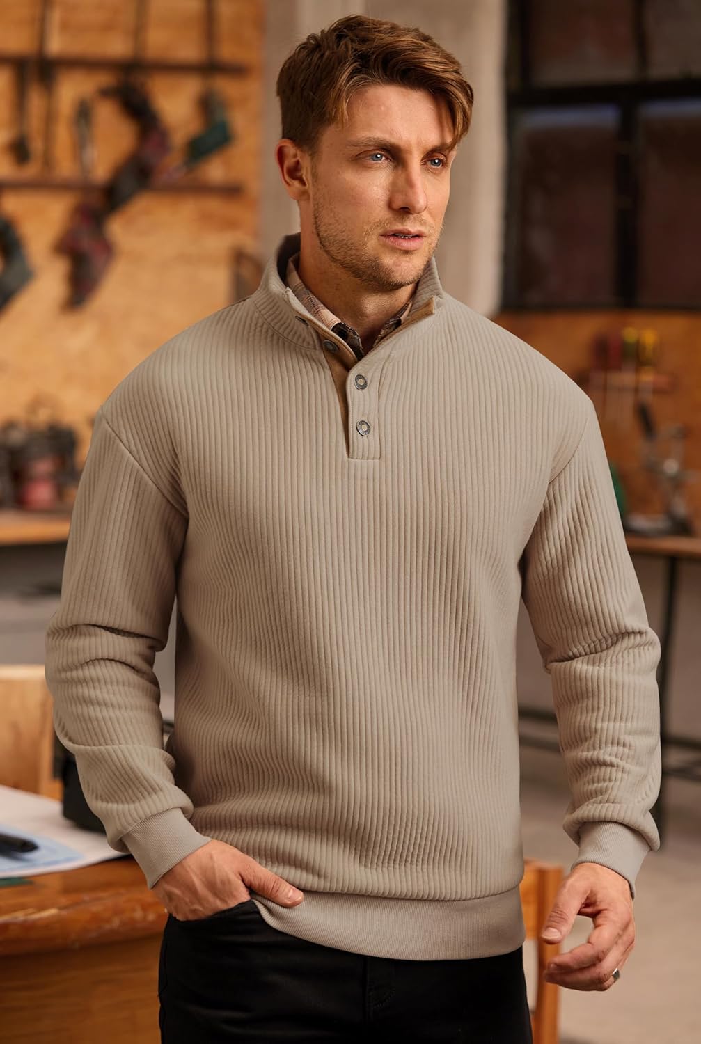 Men's Textured Sweatshirt Fleece Lined Thermal Elbow Patches Heavyweight Pullover Khaki Stripe S - Image 2