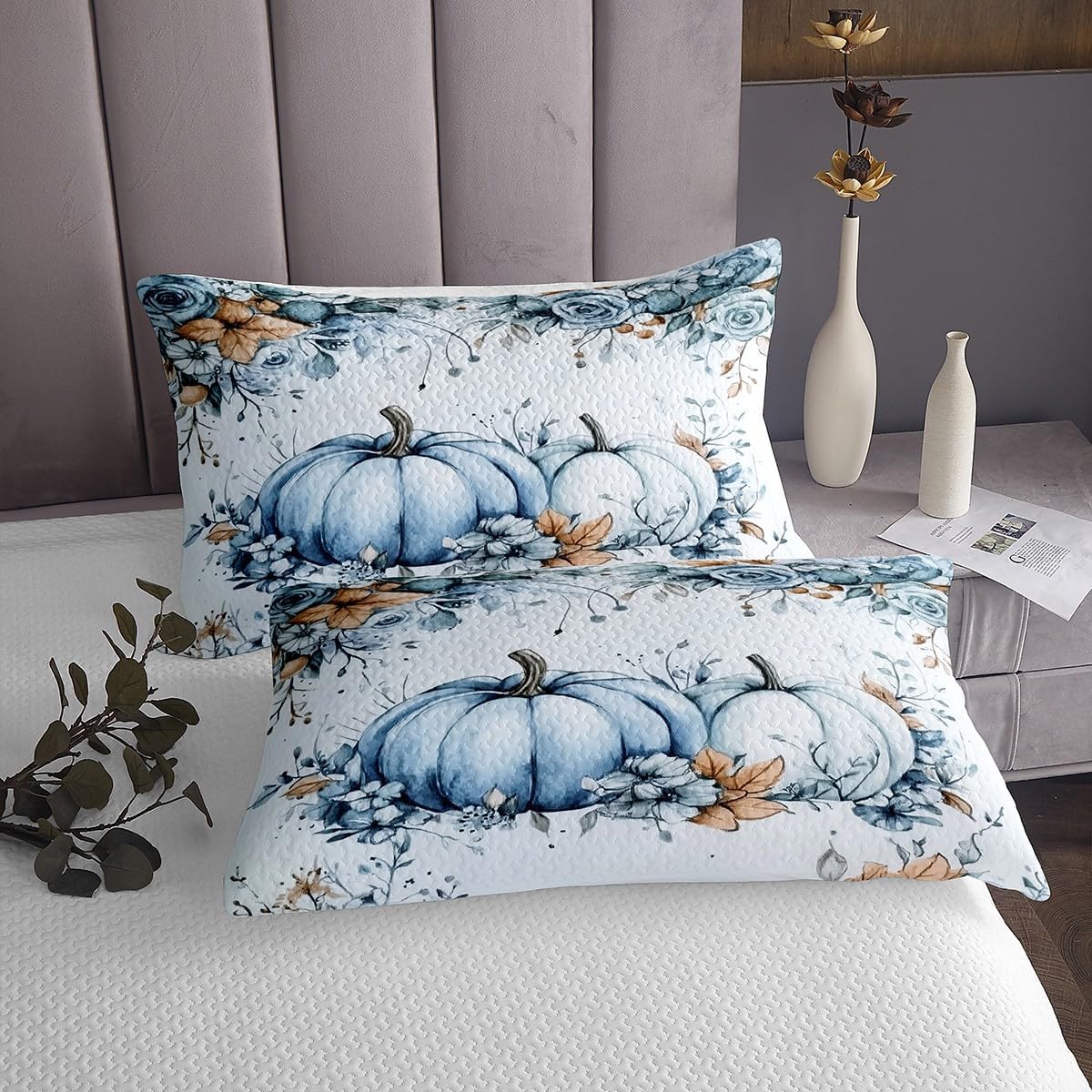 Erosebridal Fall Blue Pumpkin Quilt Set Twin Watercolor Maple Eucalyptus Leaves Coverlet Set Autumn Thanksgiving Bedspread Set for Kids Adults,Rustic Farmhouse Style Bedding Set Room Decor