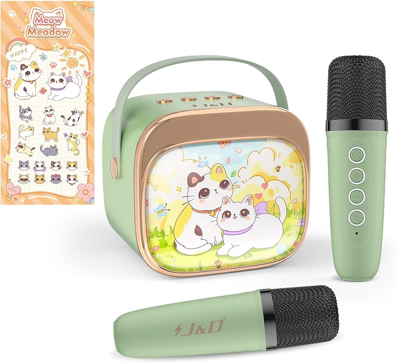 Mini Karaoke Machine for Kids Adults, Portable Bluetooth Speaker with 2 Wireless Mics and Cat Sticker for Girls Boys Age 3–10 Birthday Gifts Princess Toys, Colorful LED, Green