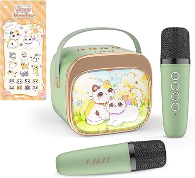 J&D Mini Karaoke Machine for Kids Adults, Portable Bluetooth Speaker with 2 Wireless Mics and Cat Sticker for Girls Boys Age 310 Birthday Gifts Princess Toys, Colorful LED, Green