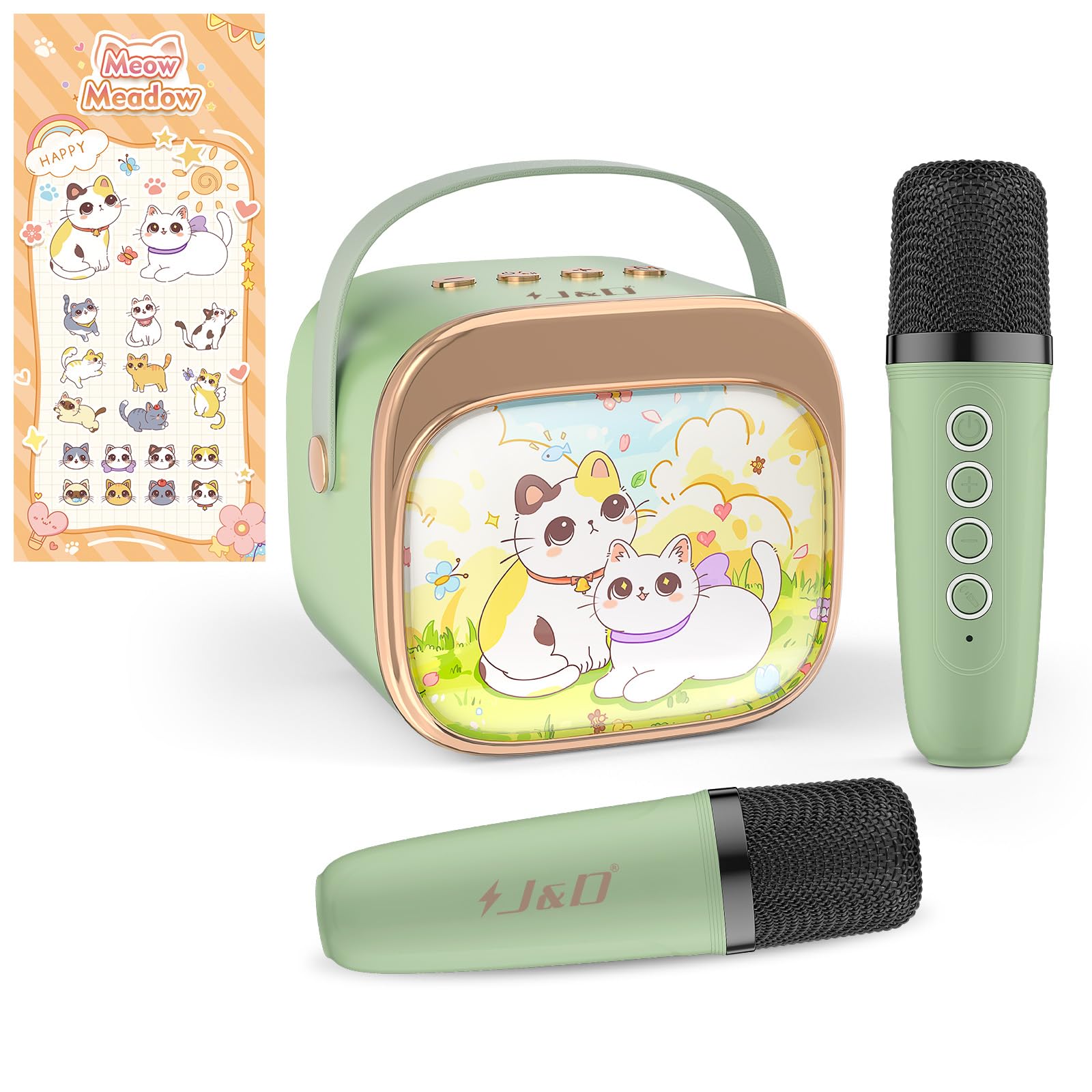 Mini máquina de karaoke para niños y adultos, altavoz Bluetooth portátil con 2 micrófonos inalámbricos y calcomanía de gato para niñas y niños de 3 a 10 años, regalos de cumpleaños, juguetes de