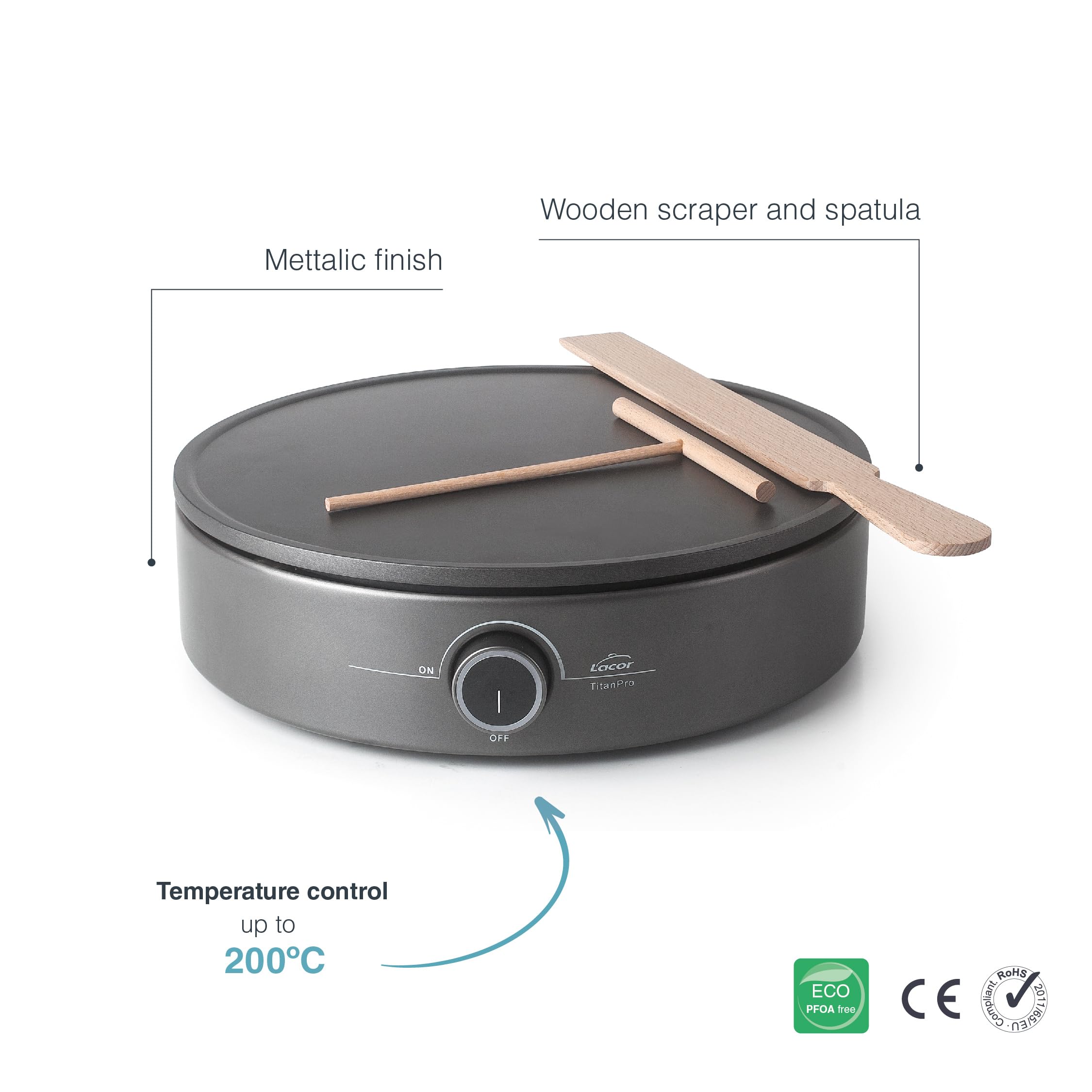 Lacor 69433 Crepe Elettrico 1500W XL Termostato Regolabile Piastra Ø33 cm PFOA Free