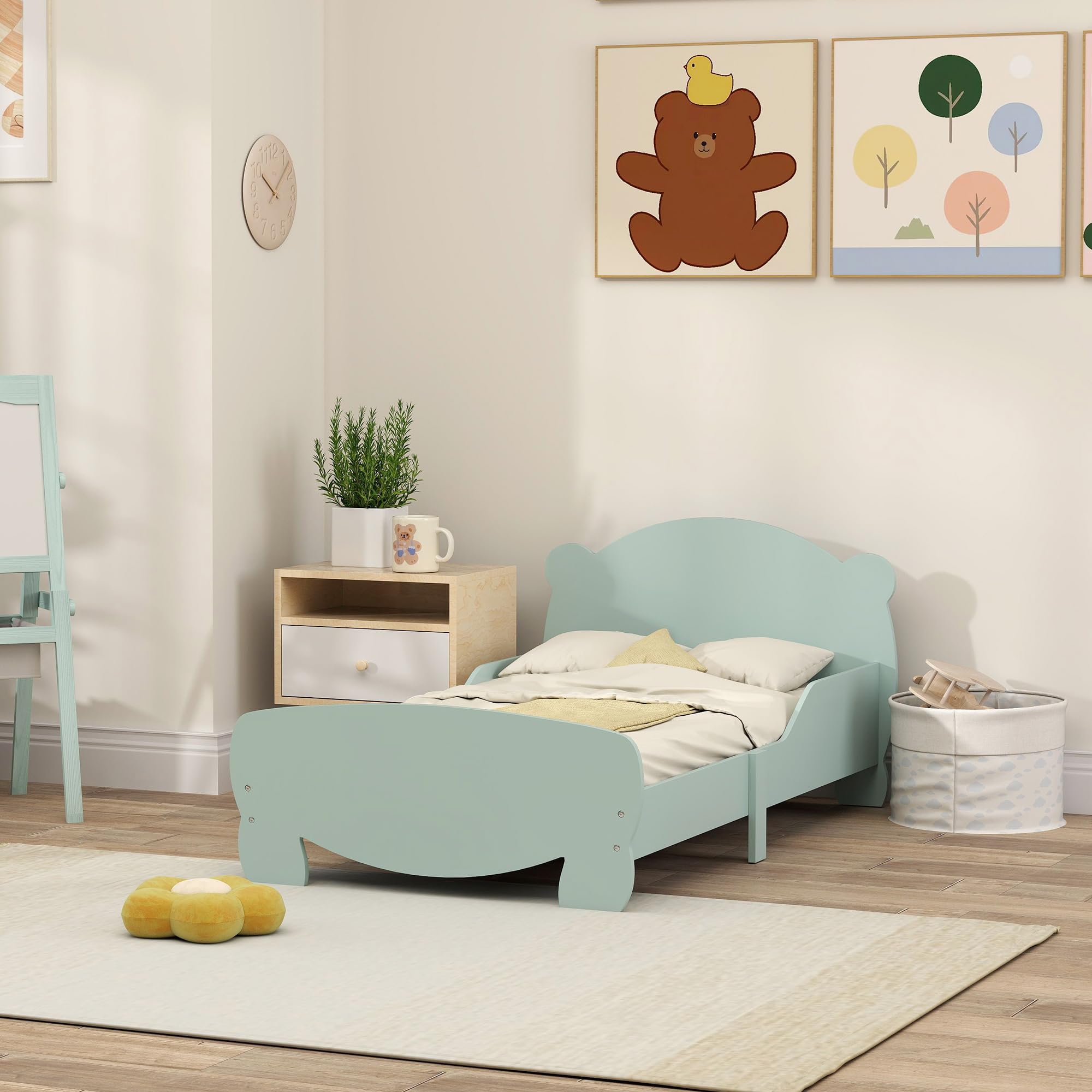 Lit Montessori pour Enfants 3-6 Ans 140x70 cm avec Côtés Anti-Chute et Sommier à Lattes Bois Vert