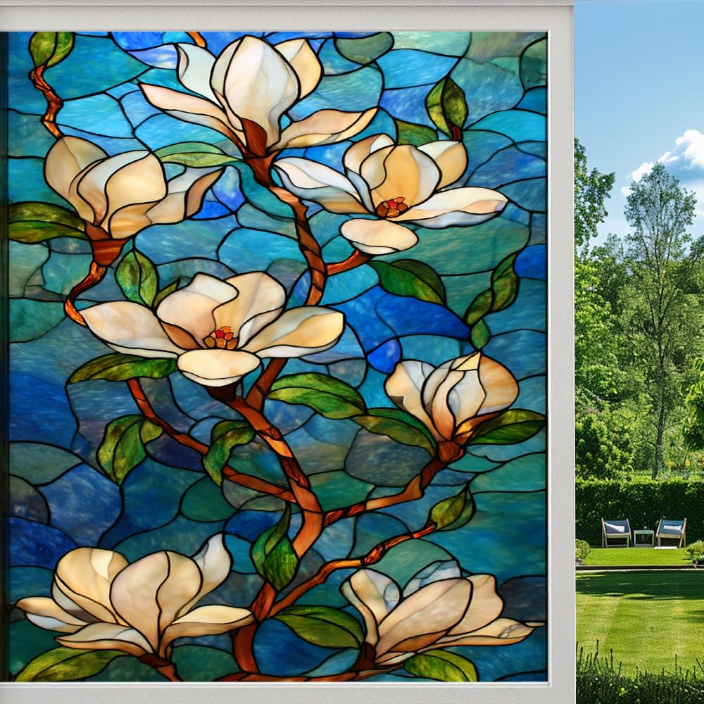 Pmlbaous Retro Flowers Stained Glass Window Film, Abstract Magnolia Flower Peel And Stick Privacy Film, Frosted Adhesive Vinyl Decorative For Bathroom Windows Glass Doors, （55X100cm）