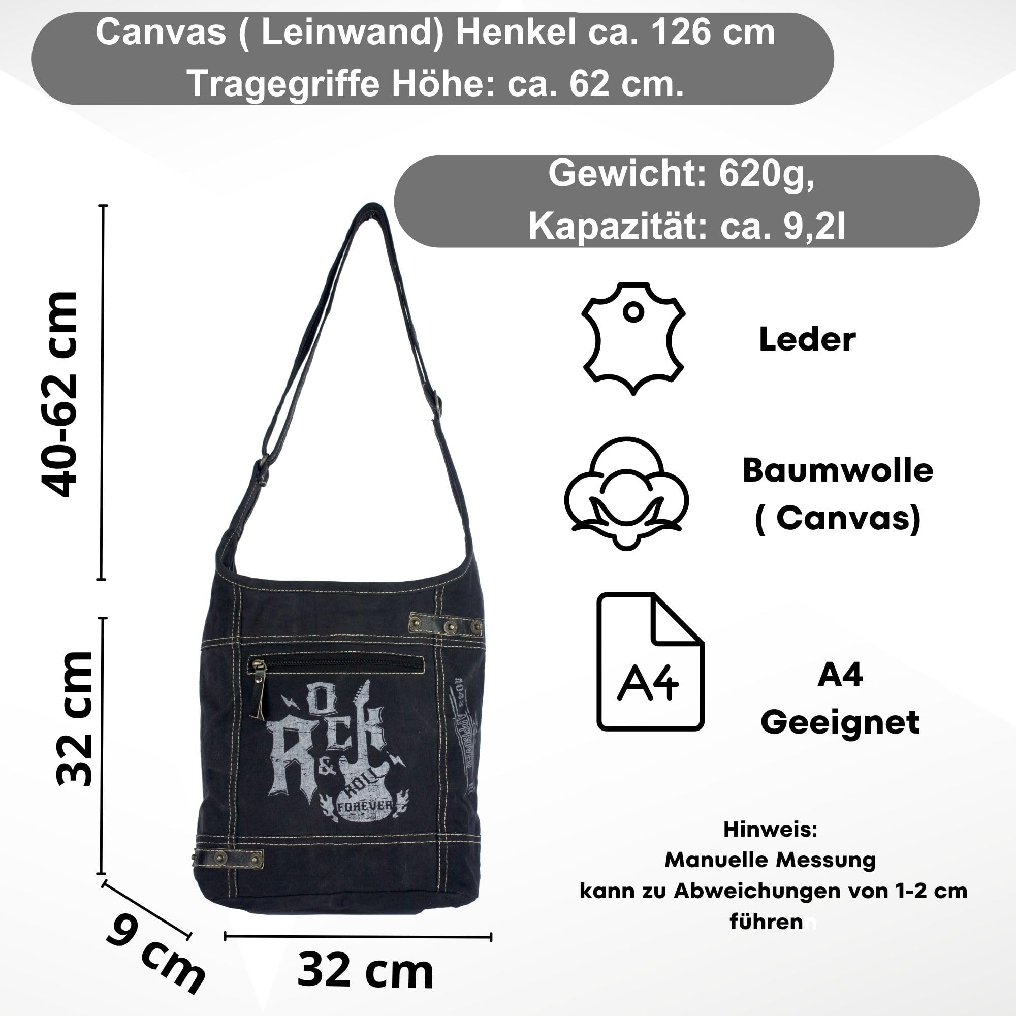 Sunsa Damen Hobo Tasche/Umhängetasche, aus Canvas. Nachhaltige Produkte, Groß Stoff Crossbody Bag, schwarze Schultertasche mit ROCK druck, Geschenkideen für Frauen/Mädchen