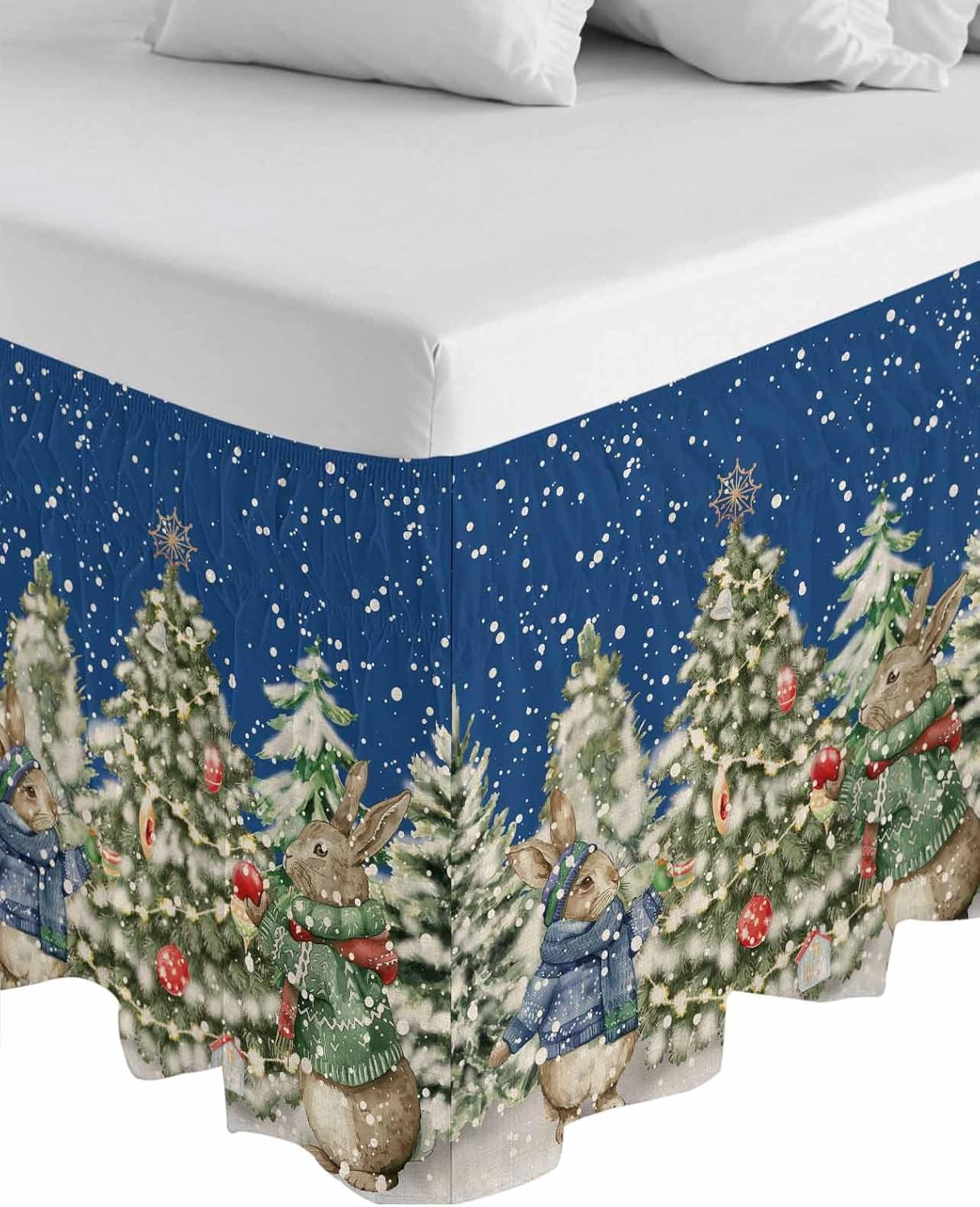 Bed Skirt Queen Size 16" Drop Christmas Xmas Bunny Sweater Snowflakes