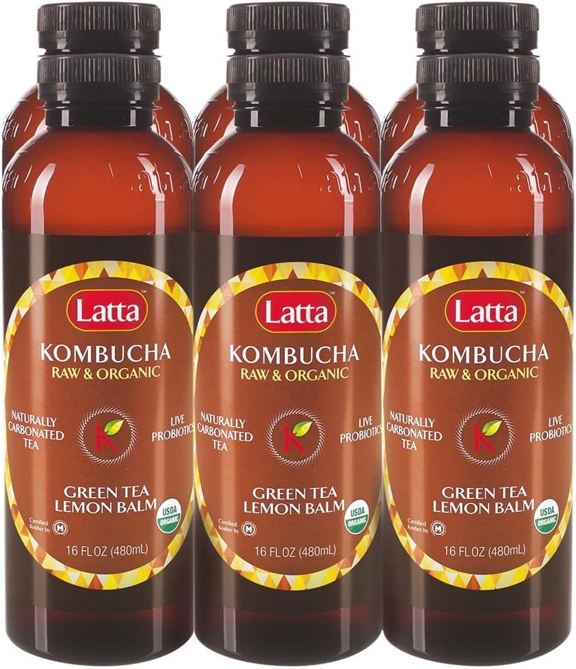 Latta Kombucha Raw and Organic Kosher Certified Green Tea Lemon Balm Weight Loss Supplment, 16 oz, Pack of 6