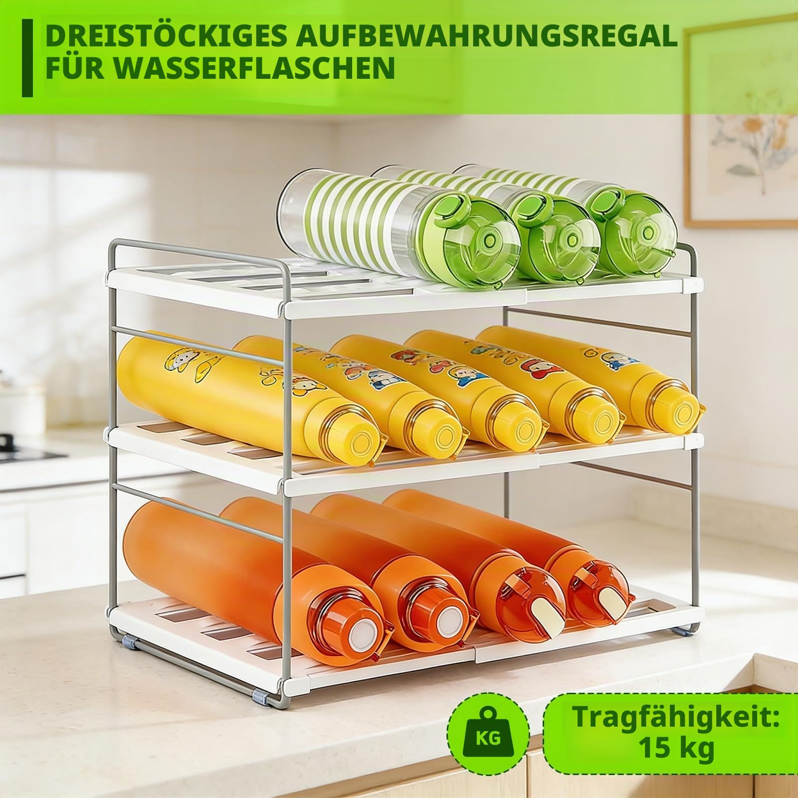 Raxfekro ausziehbarer Flaschen Organizer für Kühlschrank, Schrank und Küche, Flaschenregal mit verstellbaren Fächern für Wasserflaschen, Thermosflaschen und Getränke (26.5–42 cm) Küche, Haushalt & Wohnen
