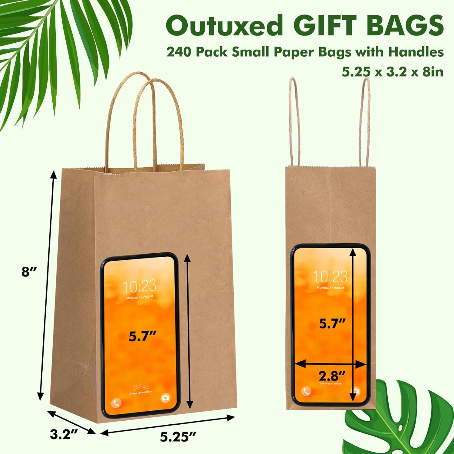 OUTUXED 240pcs Small Paper Bags with Handles, 5.25x3.2x8 Inches Brown Kraft Gift Bags Bulk for Christmas, Shopping, Birthday, Wedding and Business Party