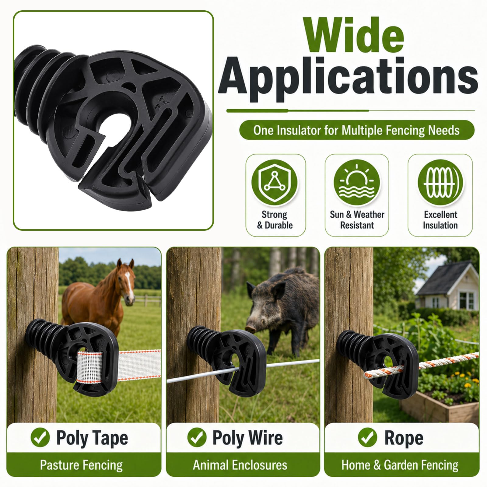 Tandefio 25 aisladores eléctricos para cercas de soporte, aisladores de rosca, aisladores negros de poste de valla de brazo largo, aislador de poste de madera para cuerda de cinta, alambre eléctrico,