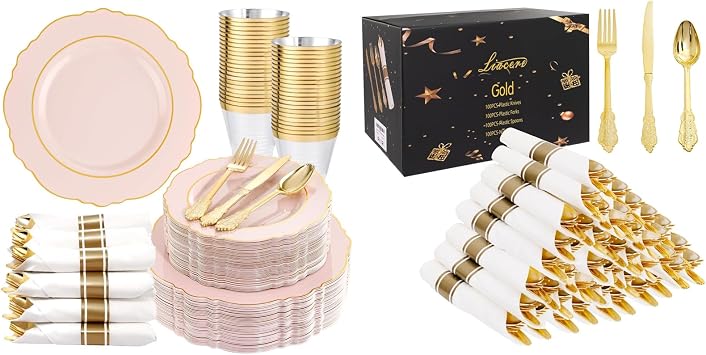 Liacere 350PCS Pink Plates&400PCS Gold Plastic Utensils