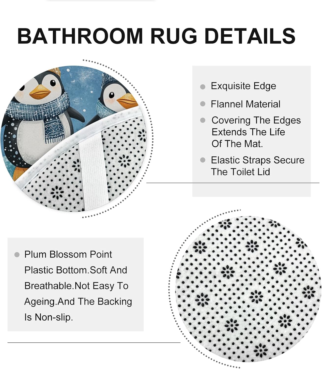 3PCS Kid Fun Penguin Bathroom Set, Bath Accessory with Two Non-Slip Washable Bath Rugs (16x24&20x32), Winter Cartoon Animal Bathroom Mat Decor-72''x72''