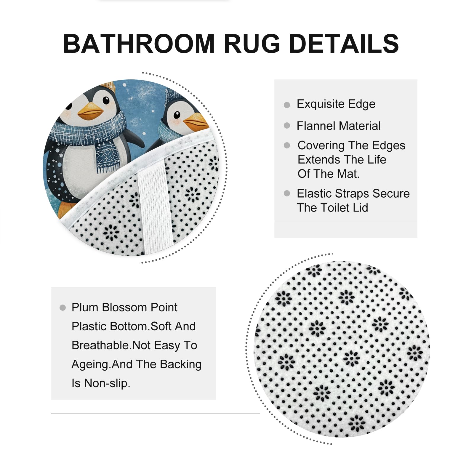 Ensemble de salle de bain 3 pièces pour enfant avec deux tapis de bain antidérapants et lavables (40,6 x 61 et 50,8 x 81,3 cm), motif pingouin amusant - 183 x 183 cm