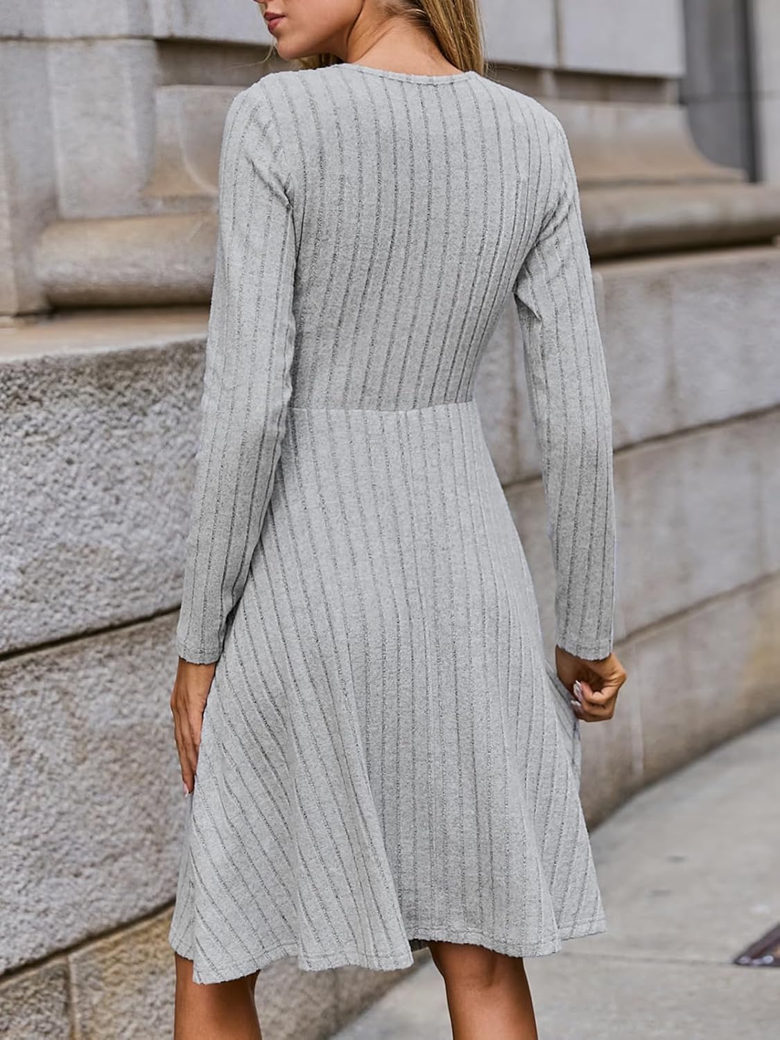 CUPSHE Fall Dresses for Women V Neck Long Sleeve Ribbed Knit Button A Line Mini Casual Dress - Image 4