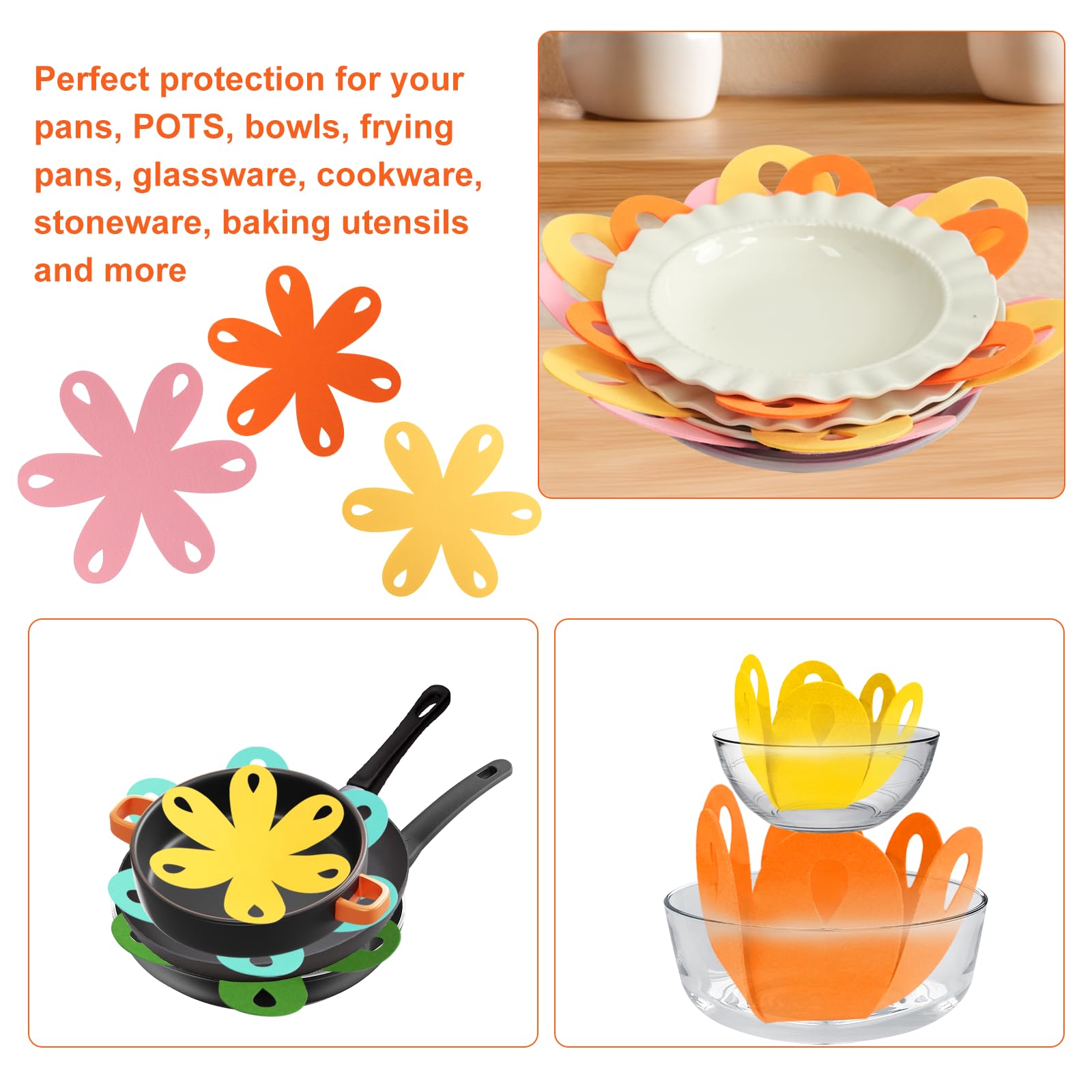 20 protectores de ollas y sartenes, almohadillas separadoras de ollas más grandes y gruesas, coloridas de 9/12/14/16 pulgadas para apilar y proteger cristalería, utensilios de cocina y más