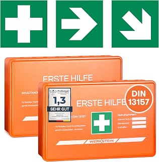 2x Erste Hilfe Kasten DIN 13157:2021 Small - Inkl. praktischer Wandhalterung, 5x Aufkleber, Gesichtsmasken & Feuchttücher - Verbandskasten DIN 13157 für Betriebe, Einrichtungen & Zuhause