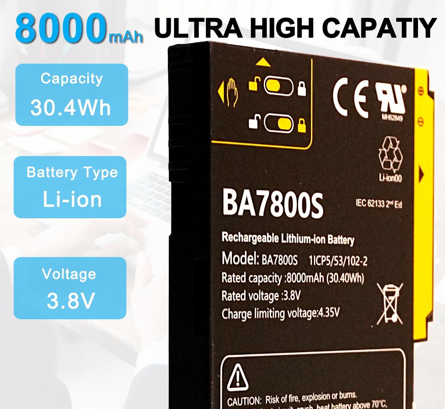XITAIAN Batterie de rechange 3,8 V 30,4 Wh 8000 mAh BA7800S compatible avec GPS portatif A8 Outdoor Beidou