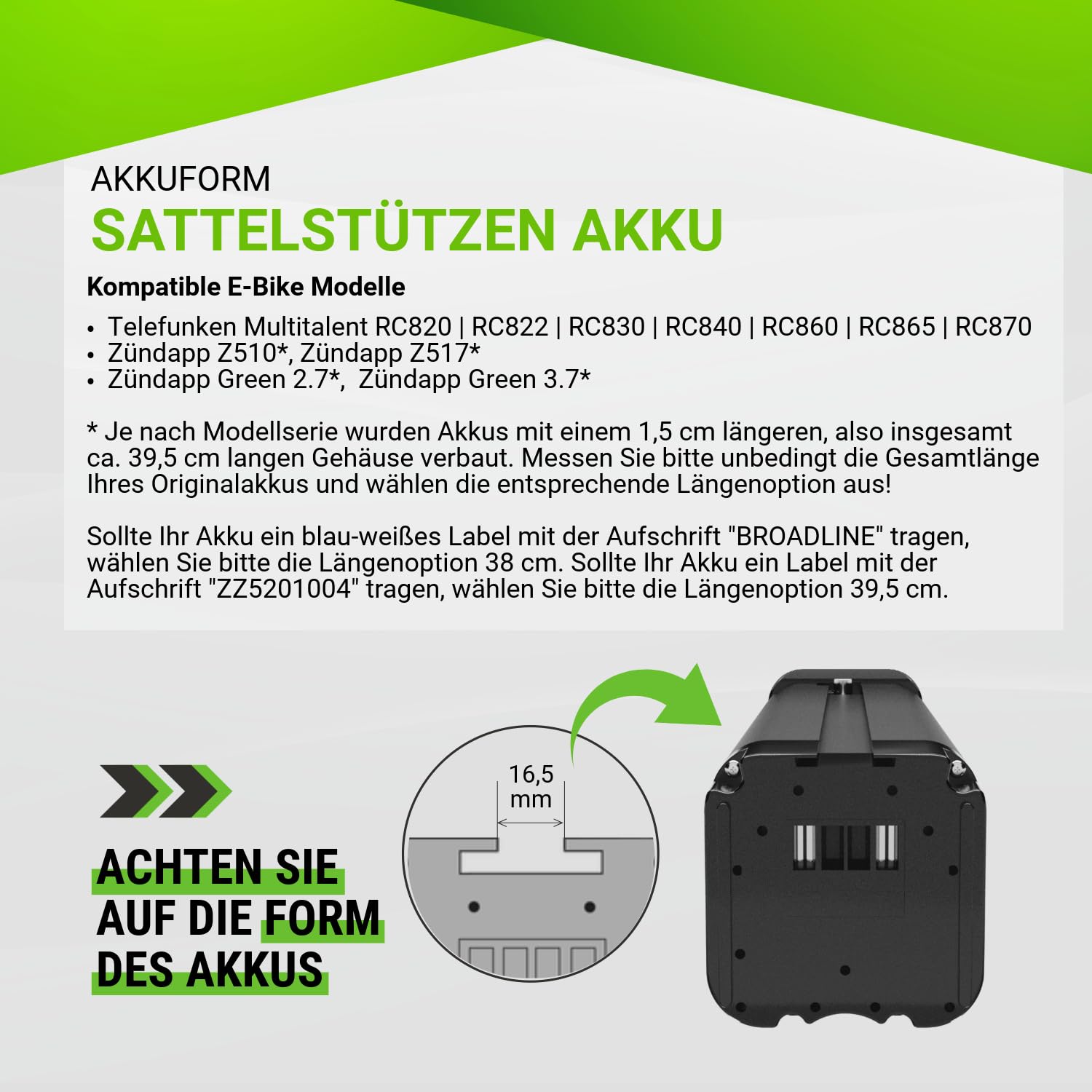Maratron Ersatz-Akku 36V 10,4Ah (374Wh) kompatibel mit TELEFUNKEN Multitalent, ZÜNDAPP Z510, Z517, Green 2.7, Green 3.7 u.v.m. (39,5 cm)