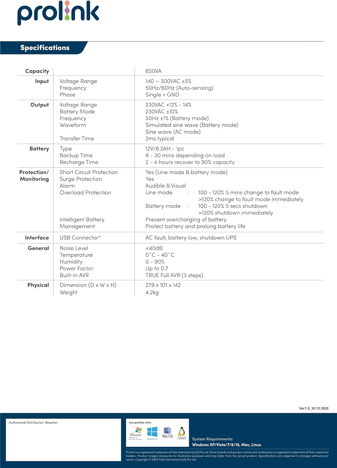 Diagram showing the front and back panels of the Prolink PRO700SFC(U) UPS with numbered labels. Labels include LED Indicator, Power Switch, USB Port, Power AC Input, and Backup Output.