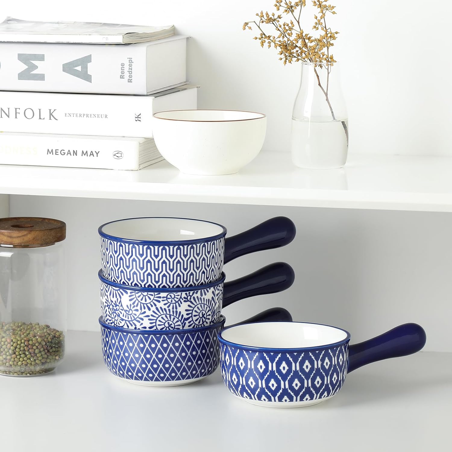 Selamica Ceramic Soup Crocks With Handles, 15 OZ French Onion Soup Bowls, Oven Safe Soup Bowls For Cereal, Stew, Chilli, Pot Pies, Baking, Microwave Dishwasher Safe, Set of 4, Vintage Blue