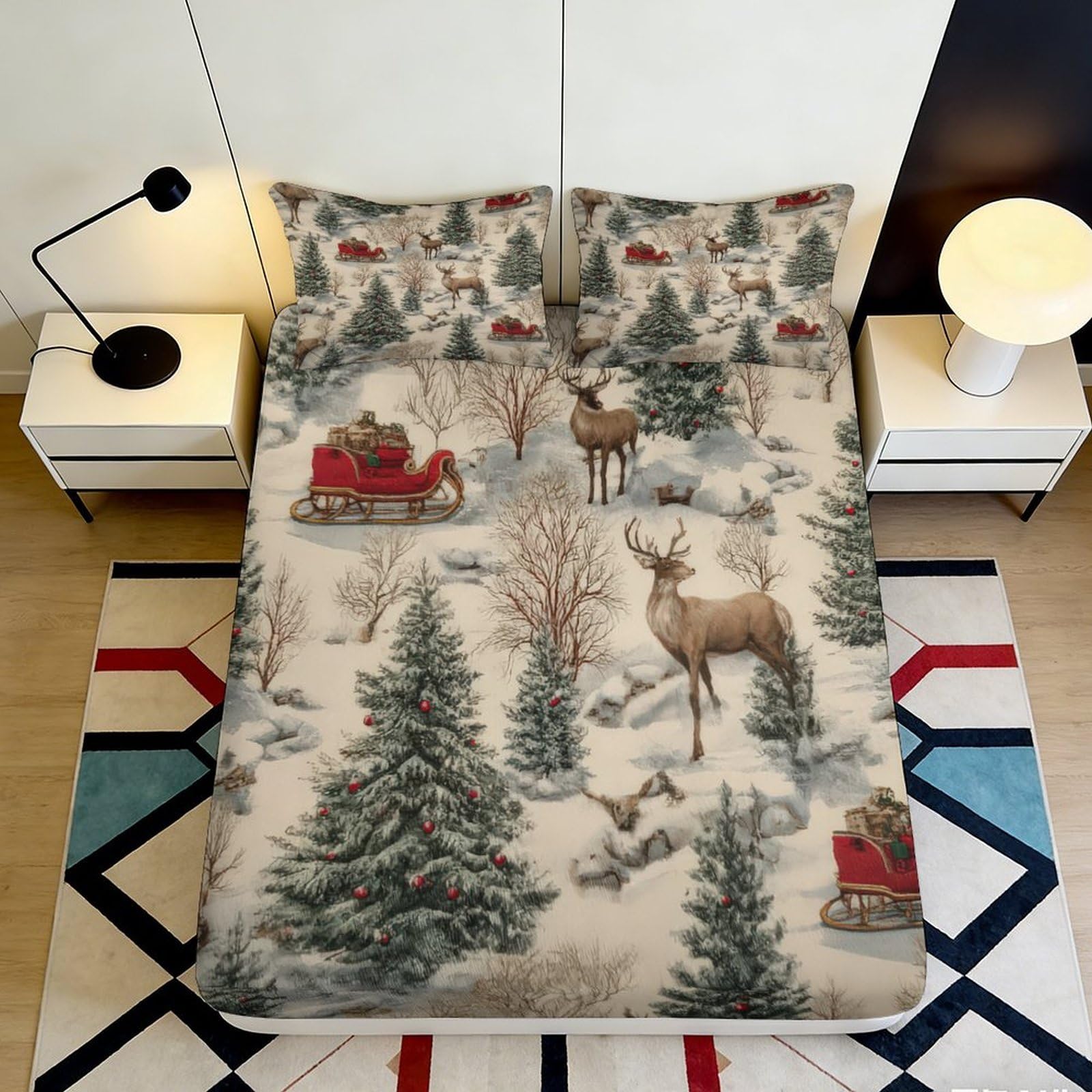 3D Printed Forest Animal Fitted Sheet Microfiber Deep Pocket Elastic Hem Christmas Pine Mattress Fitted Cover for Bedroom 180x200x25cm
