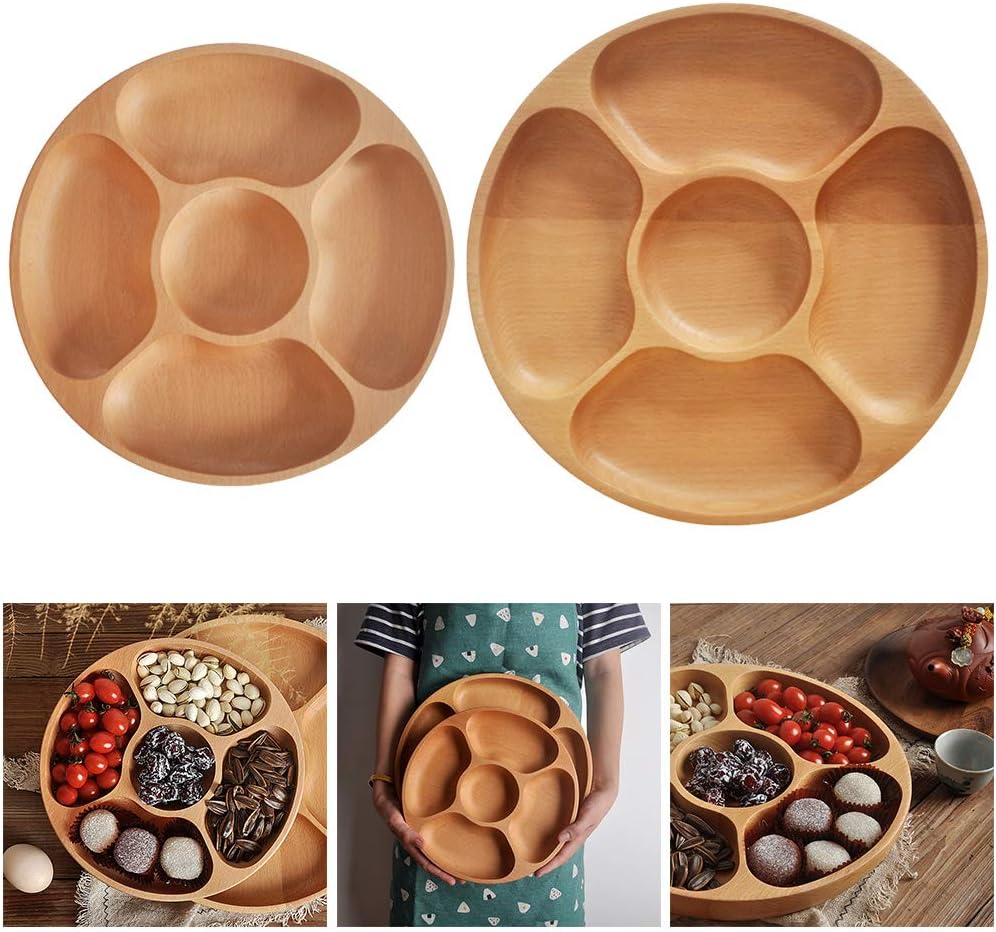 Multi-Divided Wooden Dried Fruit Dessert Plate Round Table Tray Cake Display Dish Birthday Household Tableware Kitchen Supplies