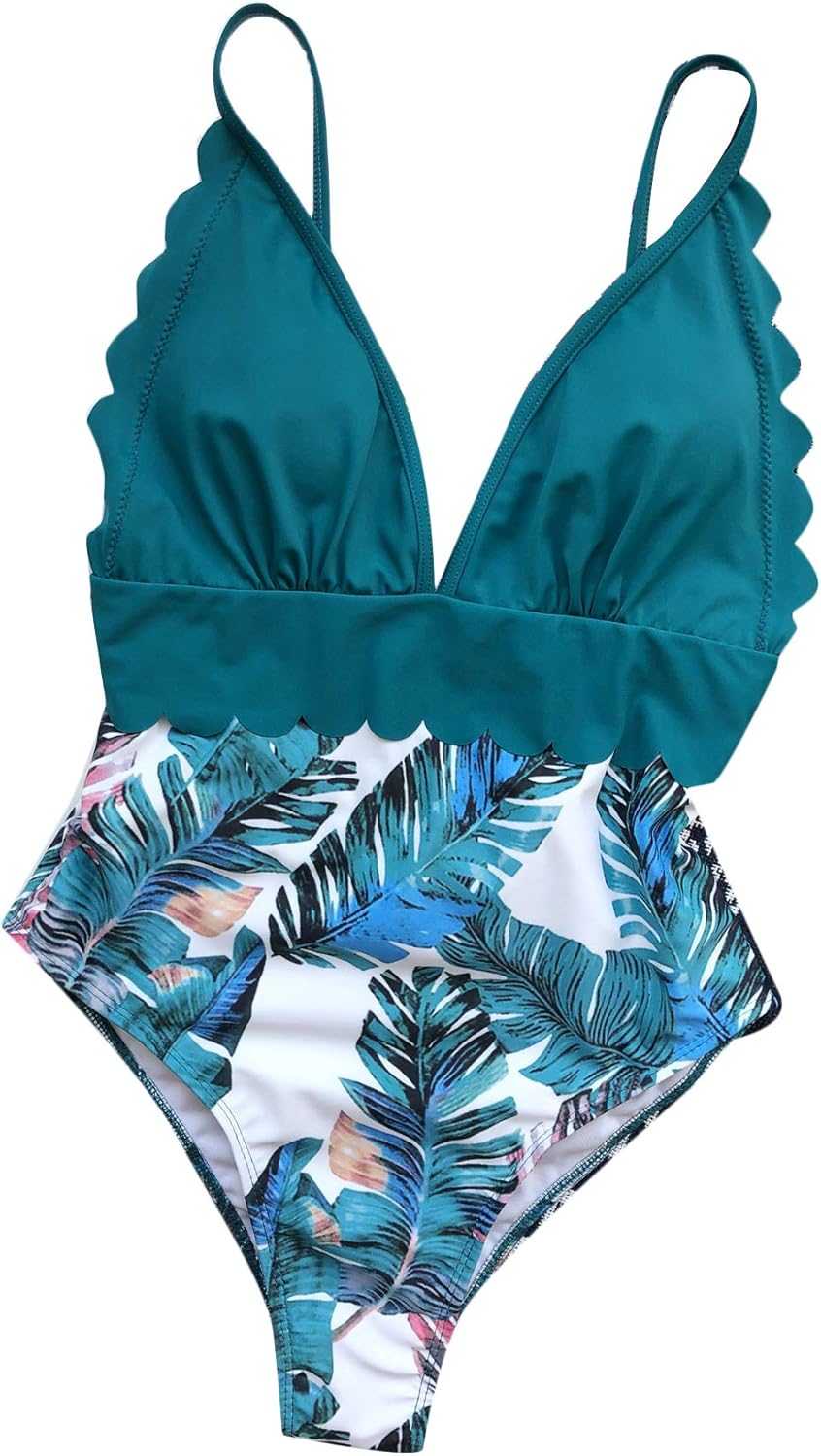 MakeMeChic Women's Tropical Scallop Trim Cut Out Back One Piece