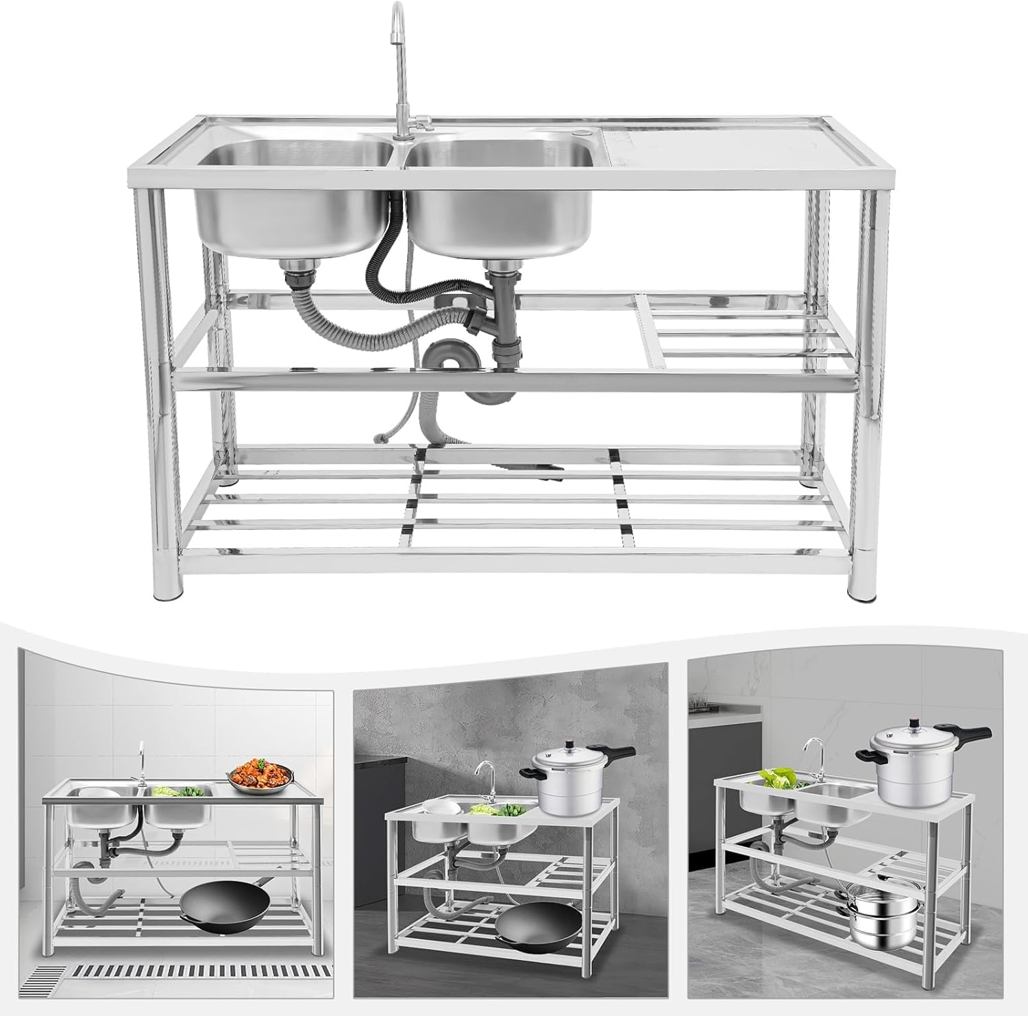 Freistehende Edelstahl-Doppelbecken-Spüle mit Arbeitsplatte, 360° Drehbarem Wasserhahn, 3-Stufen-Design, Edelstahl Spültisch mit 360° Armatur (120x45x80cm, Silber)