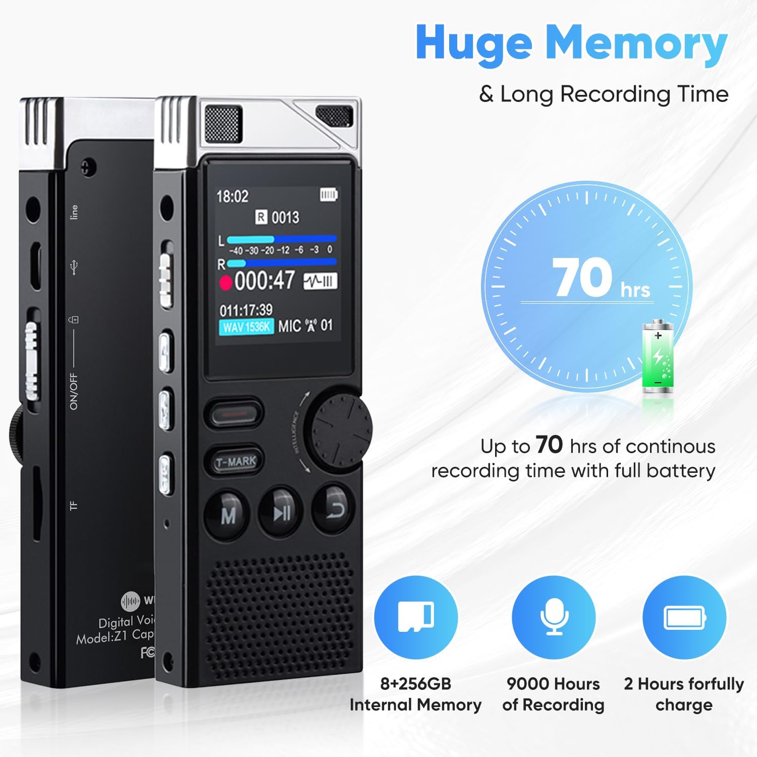 WUCOTC Digital Voice Recorder highlighting huge memory and long recording time, showing 8GB internal memory plus 256GB TF card, 9000 hours of recording, and 2 hours for full charge.