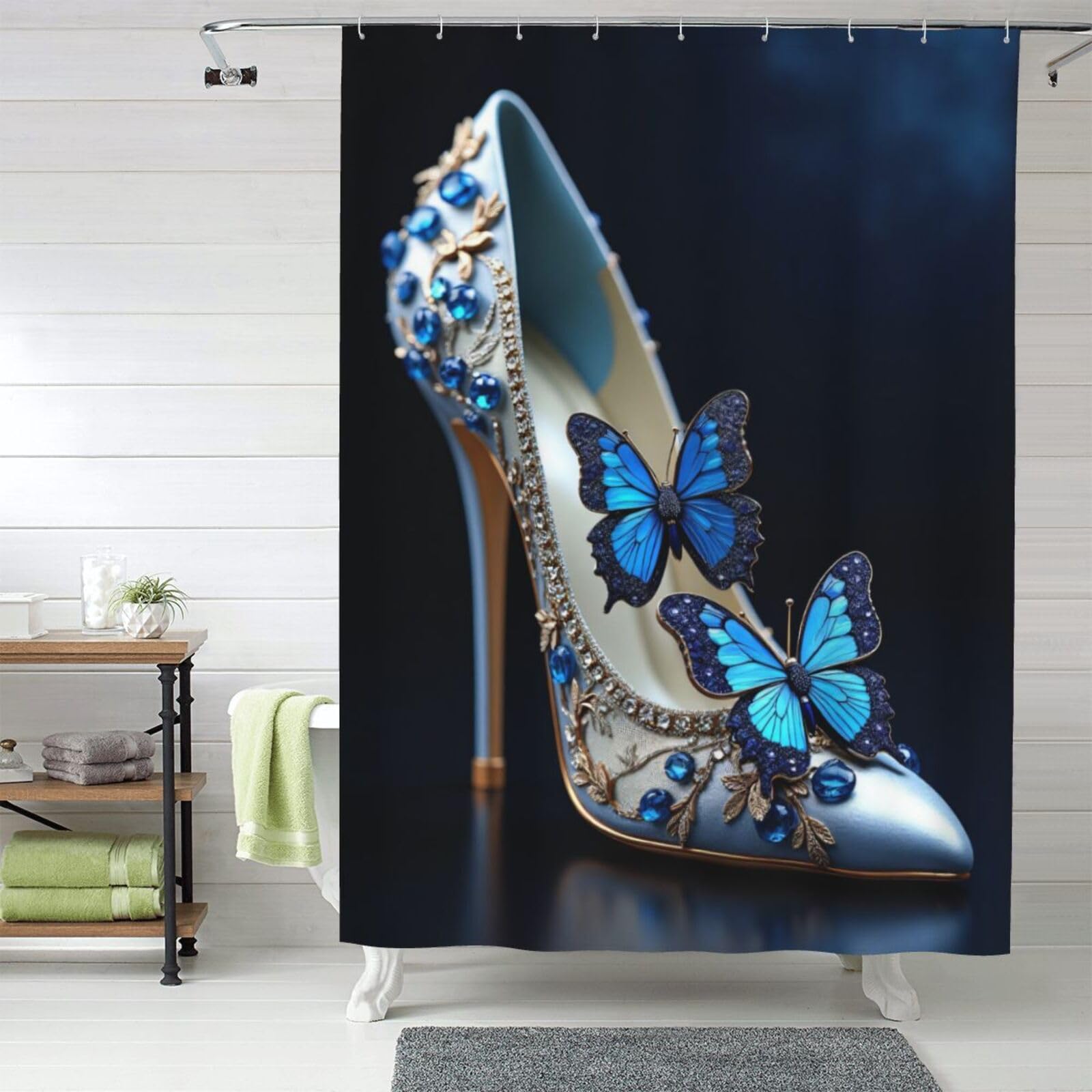 Rideau de douche en tissu épais n° 206 papillon azur résistant
