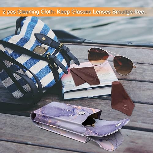 Miniatura 6 de Fintie Estuche doble para lentes con mosquetón, estuche portátil de cuero vegano para lentes de sol, bolsa antiarañazos, mármol lila