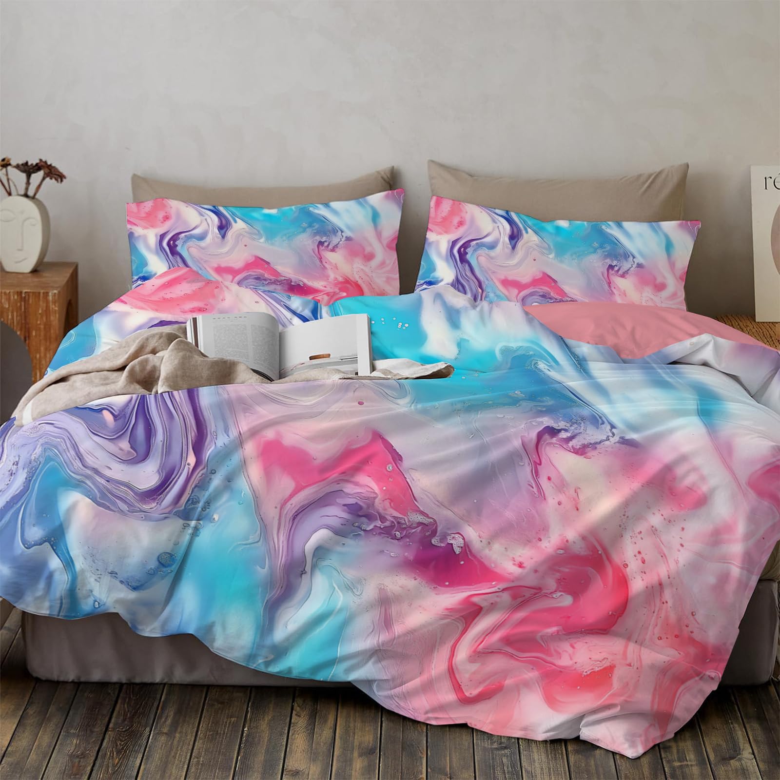 Parure de lit microfibre 200x200 cm rose avec housse de couette imprimé abstrait